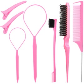 Hair Styling ToolS Triple Teasing Combet: Triple Teasing Brush, Edge Brush, Rat Tail Combs, Braid Loops and Clips for Women, Girls, Pink
