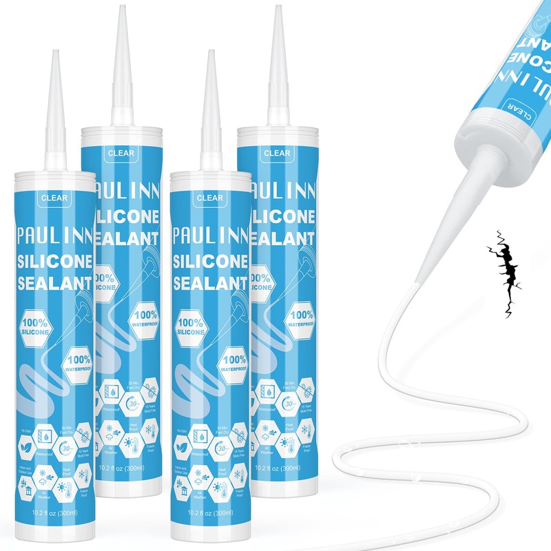 PAULINN Clear Silicone Sealant, 100% Waterproof Silicone Adhesive Caulk for