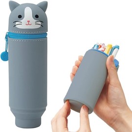 LIHIT LAB. PuniLabo Stand Up Pen Case (Pen Holder), Gray Cat, 2.4" x 7.8" (A7712-4)