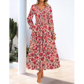 ZESICA Women's Fall Long Sleeve Floral Boho Dress 2025 Casual V Neck A-Line Flowy Wedding Guest Maxi Dresses,Vintage Pink,Large