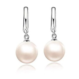 Qimily 18k White Gold Plated Silver Pearl Earrings Hypoallergenic Pearl Drop Earrings, Silver Pearl Earrings, Size 10mm Fine Jewelry for Women Ladies