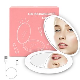 Lukovee Espejos de Maquillaje con luz LED, Aumento 1x/10x Espejo Compactos Recargable USB, Plegable Espejos de Doble Cara para Makeup Tocador, Espejo de Mano Portatil de Luz Blanca, Cálida, Neutra