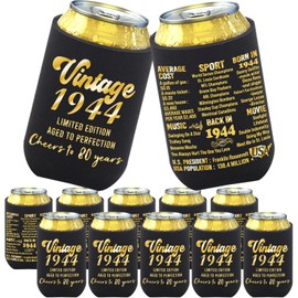 BdayPtion 80th Birthday Decorations for Men Women, 80th Party Decorations, 80 Year Old Bday Party Supplies, Eighty Birthday Presents, Black and Gold Pack of 12 Can Cooler Sleeves