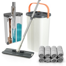 Jelymark Flat Mop and Bucket with Wringer Set, Separates Dirty and Clean Water, 3-Chamber Mop Wet and Dry Use, Hands Free Squeeze Mops for Floor Cleaning, 8 Reusable Microfiber Mop Pads Included
