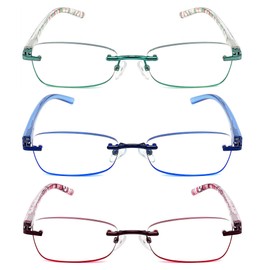 JJWELL 3 Pack Blue Light Blocking Reading Glasses for Women, Anti Eyestrain/Computer Glare UV 400 Filter Readers with Spring Hinge, Lightweight Rimless Tinted Metal Blue Rays Eyeglasses (3.25)