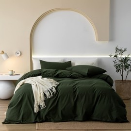 JIYUAN 100% Washed Cotton Duvet Cover Set Comfy Simple Style Soft Breathable Textured Durable Linen Feel Bedding for All Seasons Queen, Solid Olive Green