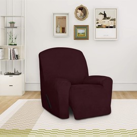 Easy-Going Velvet Recliner Chair Cover 4 -Pieces Recliner Covers Soft Thick Reclining Sofa Couch Slipcovers with Elastic Bottom (Recliner, Burgundy)