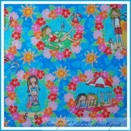 Springs Creative BonEful Fabric FQ Cotton Quilt VTG Blue Beach Girl Sun*Flower Hawaiian Hibiscus