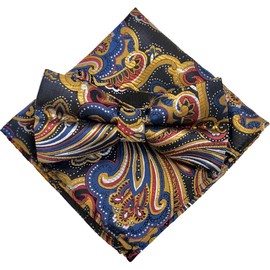 Paisley Colorful Multi [Bow Tie & Pocket Square] 2-Piece Set, Men's One-Touch Setup, Formal, Pattern, Casual, Bartender, Multicolor (Bordeaux/Navy/Gold)