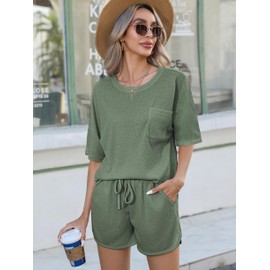 Andeip Sleepwear Womens Waffle Lounge Set Cozy Pajama Set Short Sleeve Pullover Pockets Shorts Olive Green XXL