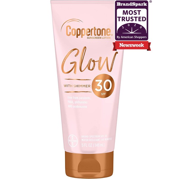 Coppertone Glow Hydrating Sunscreen Lotion with Illuminating Shimmer Minerals and Broad Spectrum SPF 30, Water-Resistant, Fast-drying, Free of Parabens, PABA, Phthalates, Oxybenzone, Whie, 5 Oz