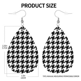 Black And White Houndstooth Pixel Faux Leather Earrings, Teardrop Dangle Earrings, Lightweight Dangle For Women Girls