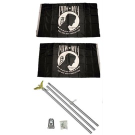 POW MIA Prisoner of War Missing In Action Black/White 3'x5' Polyester 2 Ply Double Sided Flag With 6' Aluminum Flag Pole Kit With Eagle Topper