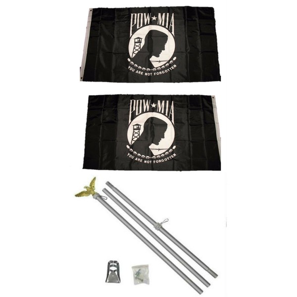 POW MIA Prisoner of War Missing In Action Black/White 3'x5' Polyester 2 Ply Double Sided Flag With 6' Aluminum Flag Pole Kit With Eagle Topper