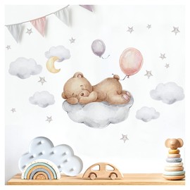 Little Deco DL871-6 Wall Sticker Bear on Cloud Teddy Bear Balloons Baby Room Bedroom Wall Sticker for Children's Room Wall Decoration