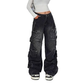 Lafaguw Women's Cargo Pants Low Waist Baggy Jeans Y2K Pocket Wide Leg Casual Trendy Streetwear Grunge Emo Clothes(Black1-XL)