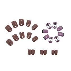 Brown Purple Press on Nails Short Medium Square Fake Nails with Fashion Simple Design, Press ons Artificial Acrylic Full Cover False Stick on Nail for Women Daily Wear Wedding Manicure 24Pcs