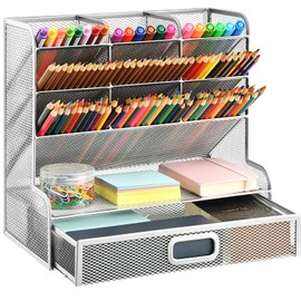 Marbrasse Mesh Desk Organizer, Multi-Functional Pen Holder, Pen Organizer for Desk, Desktop Stationary Organizer, Storage Rack for School Home Office Art Supplies (Silver Mesh Pen Holder with Drawer)