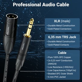deleyCON 2 m XLR to 6.35 mm Jack Stereo Microphone Cable Audio Adapter Cable AUX Studio Quality Pure OFC Copper (AWG24) XLR Male to Jack 6.35 mm Male - Metal Lock