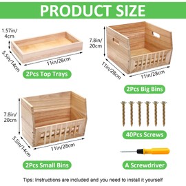 AceOrbit 6 Pack Wood Pantry Storage Bins 4 Wooden Storage Bins with 2 Wooden Tray Lids Multipurpose Open Front Stackable Organization Set for Kitchen or Pantry and Fruits Vegetables, Potato & Onion