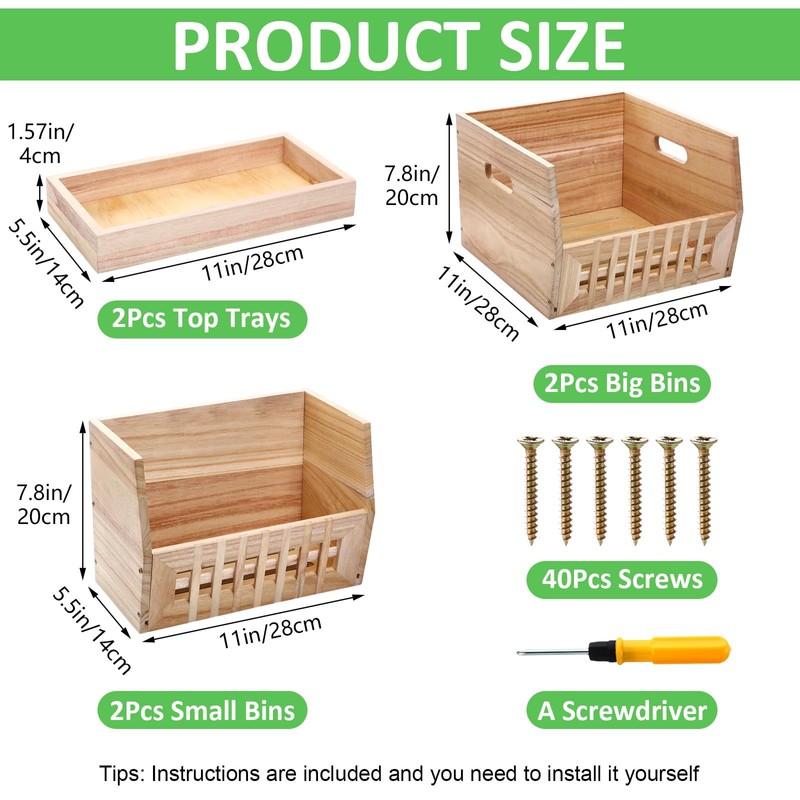 AceOrbit 6 Pack Wood Pantry Storage Bins 4 Wooden Storage