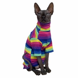 Vintage Stripes Sphynx Hairless Cats Shirt Cotton Cat Turtleneck Pet Clothes Kitten T-Shirts with Sleeves for Sphynx Cornish Rex, Devon Rex, Peterbald (Rainbow Stripe, Large (Pack of 1))