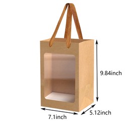 12 Pcs Brown Paper Gift Bags with Transparent Window, 9.84"x7.0"x5.12" Kraft Shopping Bags with Handles for Present, Festivals Party