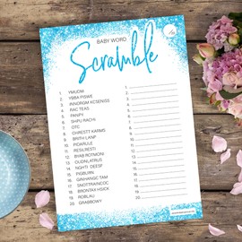 20 x Word Scramble Baby Shower Game - Boys Blue Glitter Effect Design (20 Guest Cards + 1 Card of Answers for The Host + Winner's Certificate)