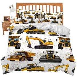 Juego de ropa de cama de tractor con temática de construcción de camiones, funda de edredón para coche, decoración de recámara, suave, tamaño individual, matrimonial, tamaño king, con 2 fundas de