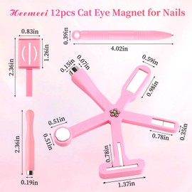 heemeei 12pcs Cat Eye Magnet for Nails, 6 In 1 Multifunction 9pcs Stripe Plates Pen Wand for Cat Eye Gel Polish 3d Nail Art Salon or Diy (Pink)