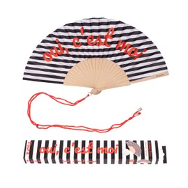 Fisura Oui C'est Moi Striped Wooden Fan Elegant Black and White Striped Accessory Stylish Handheld Fan with Handy Hanger Dimensions: 42.5 x 23 cm