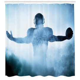 Ambesonne Sport Shower Curtain, Heroic Shaped Rugby Player Silhouette Shadow Standing in Fog Playground Global Sports Photo, Cloth Fabric Bathroom Decor Set with Hooks, 69" W x 70" L, Blue