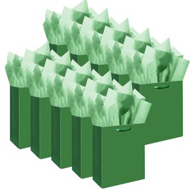 qiqee 10PCS Deep Green Mini Gift Bags with Tissue Paper Handles 6.3"x4.7"x2.4" Small Size Present Party Favor Bags（10pcs Bags,30pcs Tissue Paper ）