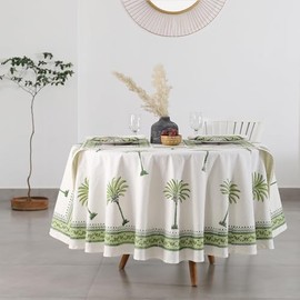 Labhanshi Green Palm Block Print Round Table Cloth|Indian Round Floral Cotton Table Cover 120 Inch 12-Seater Spring Easter Kitchen Dining Tablecloth|Patio Table Cover for Event Wedding Banquet Parties
