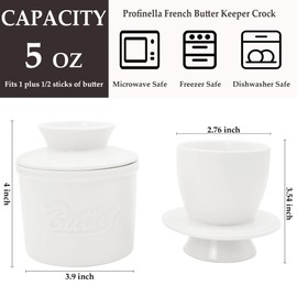 Butter Crock with lid, Profinella French Butter Dish for Counter with Water line, Cermic Butter Keeper On Demand Spreadable Butter, No More Hard Butter, Housewarming Gift - White