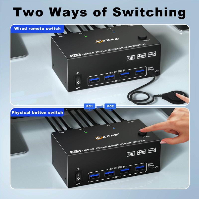 2HDMI+Displayport KVM Switch 3 Monitors 2 Computers 8K@60Hz 4K@144Hz,KVM Swtiches