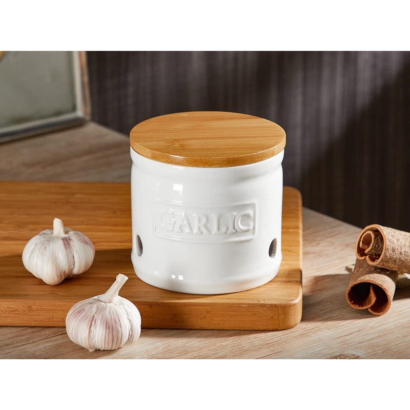 ONEMORE Garlic Keeper with Lid, Ceramic Garlic Saver 4 inch,
