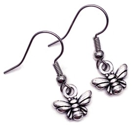 Tiny Bumble Bee Charm Earrings - Cute Tibetan Silver Charms on Nickel Free Hooks : 25mm