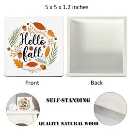 Fall Decor Autumn Leaves Wood Sign Hello Fall Decorations Farmhouse Home Table Desk Decor (5 x 5 Inches)