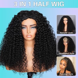 QUANDIAN Curly Half Wig Human Hair Water Wave 200 Density Wear Go Glueless Wigs Human Hair 16 Inch Wet and Wavy 3 In 1 Half Wigs for Black Women Drawstring Seamless Flip Headband Wig Beginner Friendly