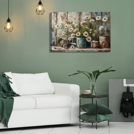 Rustic Farmhouse Daisy Canvas Wall art Vintage Country White Daisy Picture Wall Decor Neutral Still Life Flower Botanical Painting Artwork for Farmhouse Bedroom Bathroom Home Decoration 16x24in