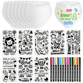 8 Dreieckstuch Baby Lätzchen zum Bemalen Halstuch Baumwolle mit 13x Textilstifte 8x Malen Schablonen Halstuch Babyparty Deko Spiele Wasserdicht Lätzchen für Babys Junge Mädchen Babyshower Malvorlagen