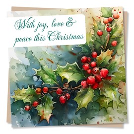 Heartfelt Christmas Card - Holly Design - With Joy, Love & Peace This Christmas - Merry Christmas Card
