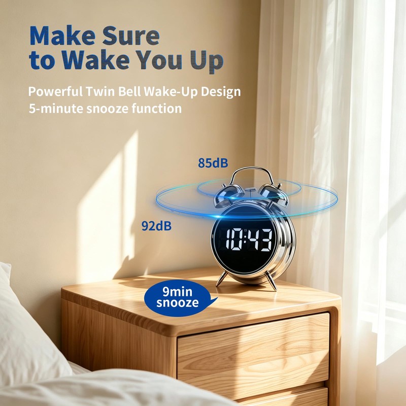 Digital Alarm Clock LED Display, No Ticking, Loud Alarm Clock