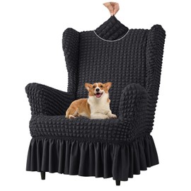 Stretch Seersucker Wingback Chair Slipcover, Universal Bubble Wing Chair Slipcovers with Skirt, Living Room High Back Chair Covers Set, Easy Fit Washable Slip Covers for Armchairs, Black
