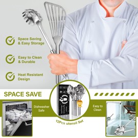 Stainless Steel Kitchen Utensils Set - 12pcs Cooking Utensils Set with Holder, Heat Resistant Kitchen Tool Set for Cooking with Turners, Potato Masher, Spatula, Spoons, Tongs, Whisk