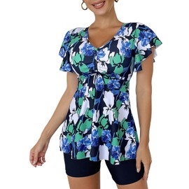 Ecupper Womens Tankini Set Two Piece Swimsuits Drawstring Floral Bathing Suit Short Sleeve Swimdress with Boyshorts Green L