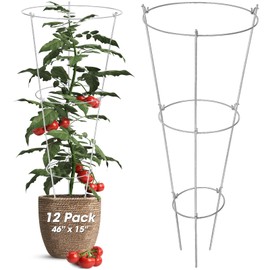 MorningRo 12 Pack Folding Tomato Cages Metal Plant Support Rings Heavy Duty Tomato Plant Support Cage Galvanized Garden Cucumber Trellis Ring for Garden Climbing Plants Flowers Fruits (46 x 15 Inch)