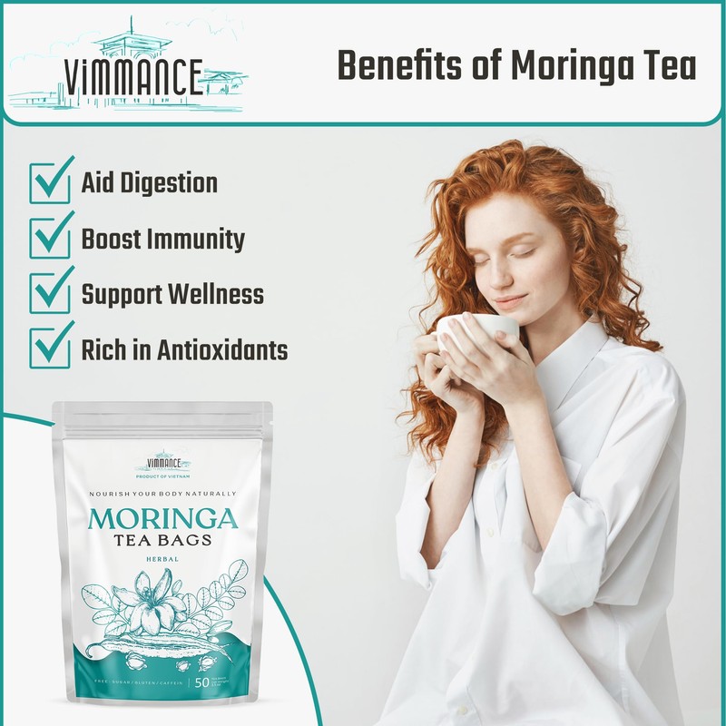 VIMMANCE Moringa Dried Leaves Tea Bags, 50 counts, Hojas de