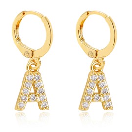 Initial Hoop Earrings for Girls Women, 14K Gold Plated CZ Letter Small Huggie Hoop Earrings with Initial Dangle Earrings Jewelry Gifts for Girls (A)